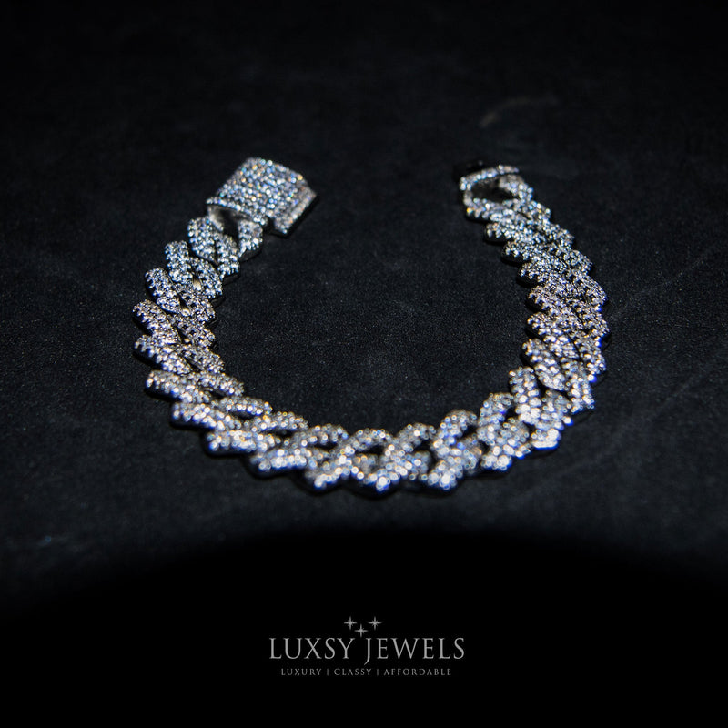14mm Diamond Cuban Prong Bracelet - White Gold - Luxsy Jewels
