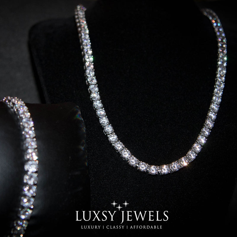5MM Tennis Chain + Bracelet Set - White Gold - Luxsy Jewels