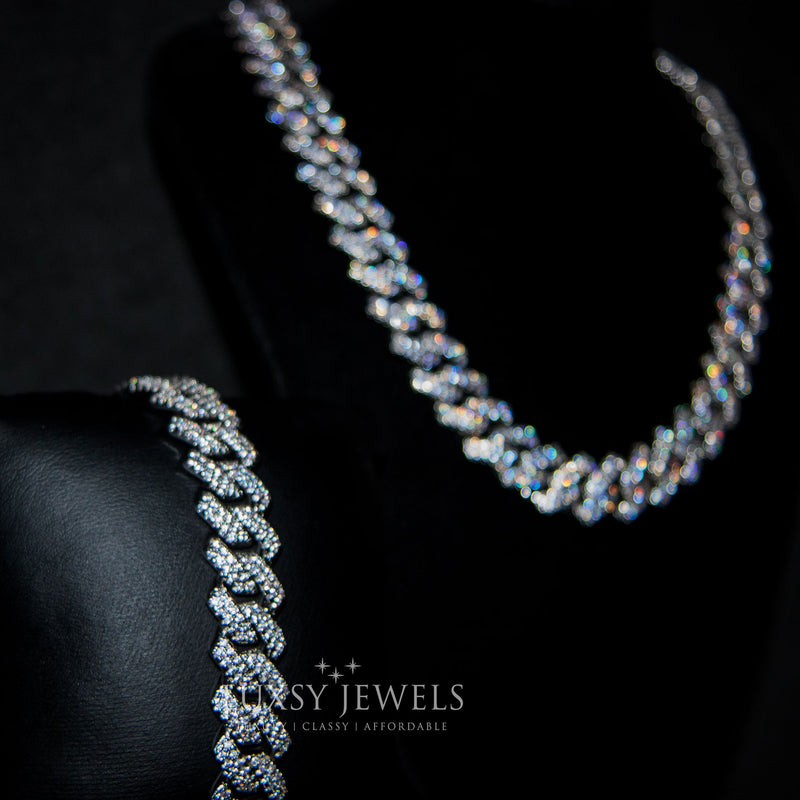 14mm Diamond Prong Cuban Chain + Bracelet Set - Luxsy Jewels