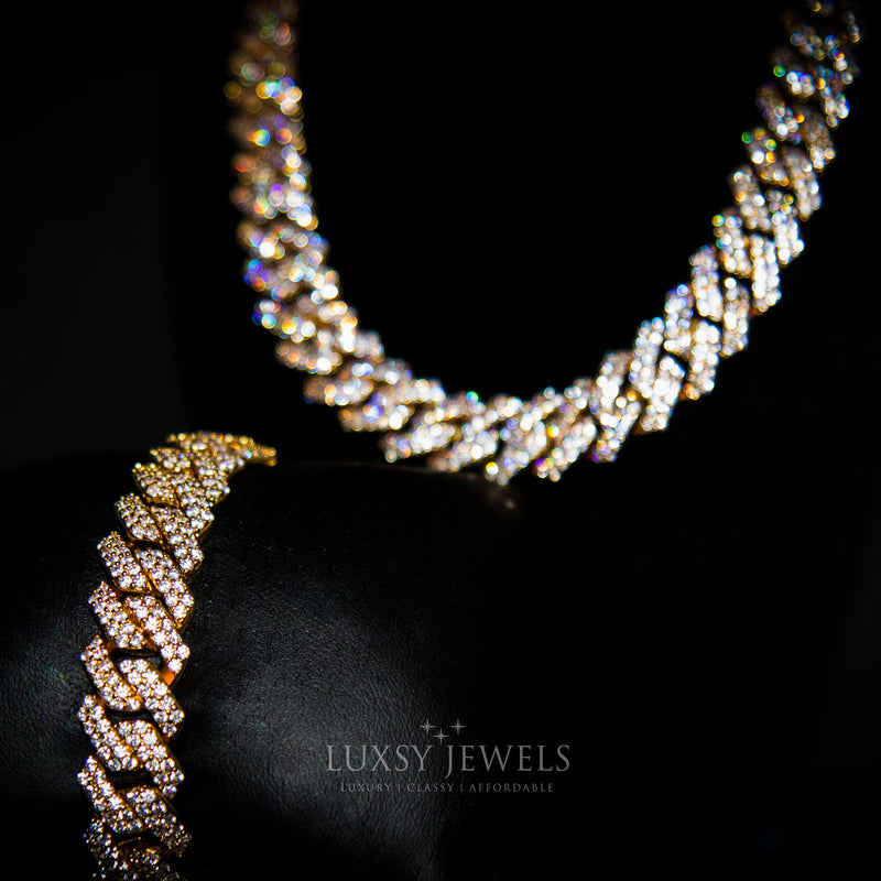 14mm Gold Diamond Prong Cuban Chain + Bracelet Set - Luxsy Jewels