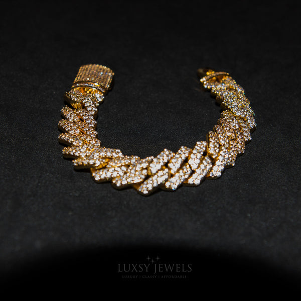 14mm Diamond Cuban Prong Bracelet - Gold - Luxsy Jewels